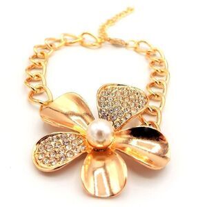 Yellow Gold with White Diamond Crystal and Pearl Flower Adjustable Bracelet
